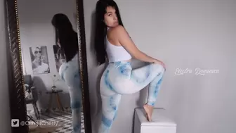Trying on tight leggings