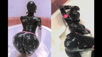 Rubber doll in a gas mask takes a bath