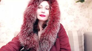 Fur bizarre, mommy in fur coat, fur gloves and fur hat