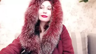 Fur bizarre, mommy in fur coat, fur gloves and fur hat